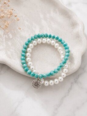 Sea Glass Beaded Bracelet Set with Sand Dollar Charm | Beauty & Patience Gift
